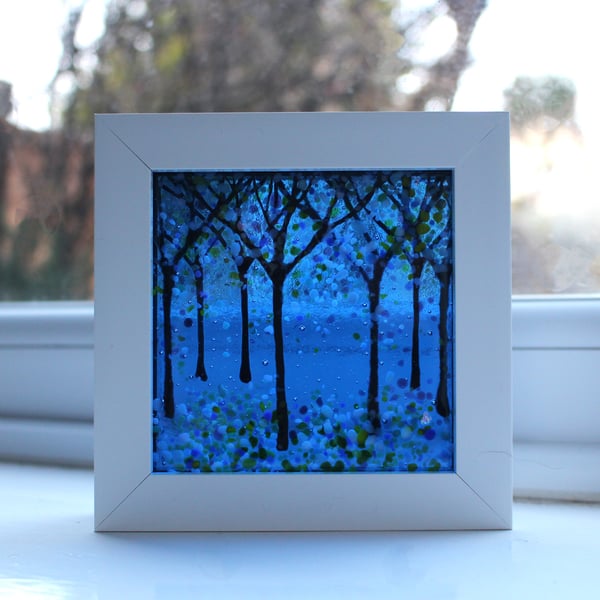 Seconds Sunday 10cm x 10cm Amazing Fused Glass Woodland Picture 'Blue Heaven'