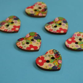 Wooden Heart Buttons Floral Red Green Blue Yellow 6pk 25x22mm (H11)