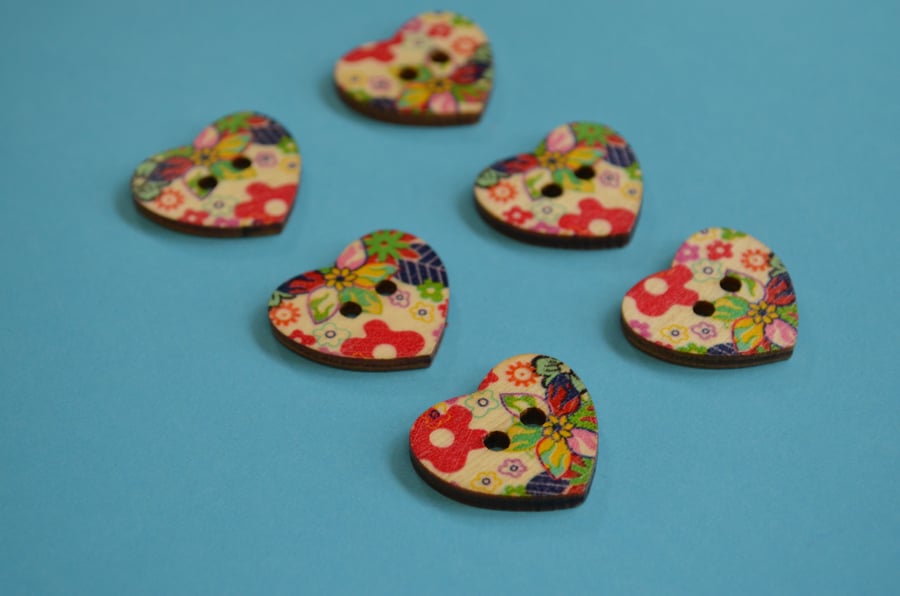 Wooden Heart Buttons Floral Red Green Blue Yellow 6pk 25x22mm (H11)
