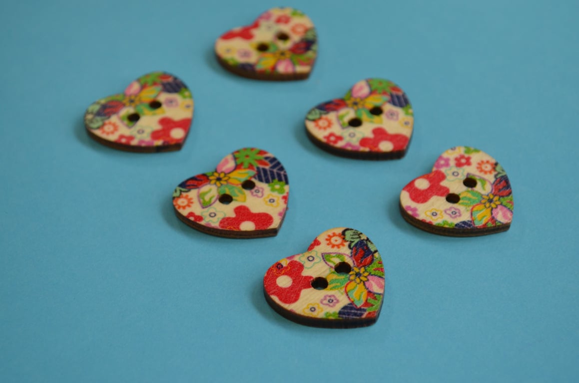 Wooden Heart Buttons Floral Red Green Blue Yellow 6pk 25x22mm (H11)