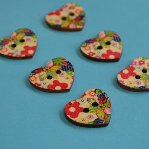 Wooden Heart Buttons Floral Red Green Blue Yellow 6pk 25x22mm (H11)