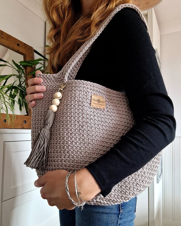 Crochet Shoulder Bag - Cotton Everyday Tote in Grey