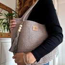 Crochet Shoulder Bag - Cotton Everyday Tote in Grey