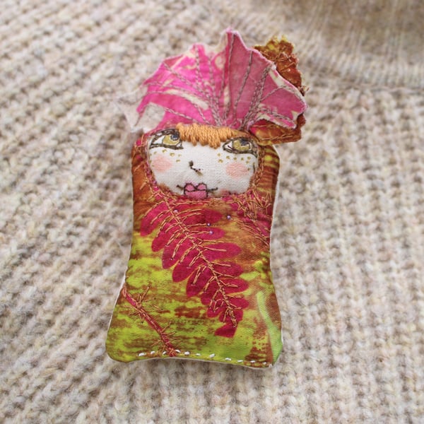 Rose, original printed and embroidered textile brooch