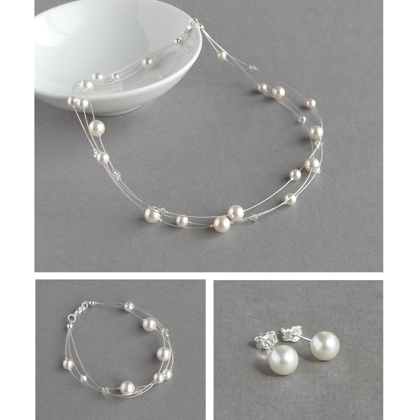 White Floating Pearl Jewellery Set - 3 Strand Necklace, Bracelet and Earrings