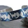 Cat jewellery cuff bracelet, blue with brushed silver cats or kittens. B386