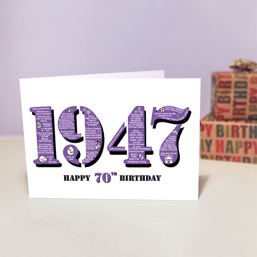 Happy 70th Birthday Female Womens Year of Birth Greetings Card - Born 1947 Facts