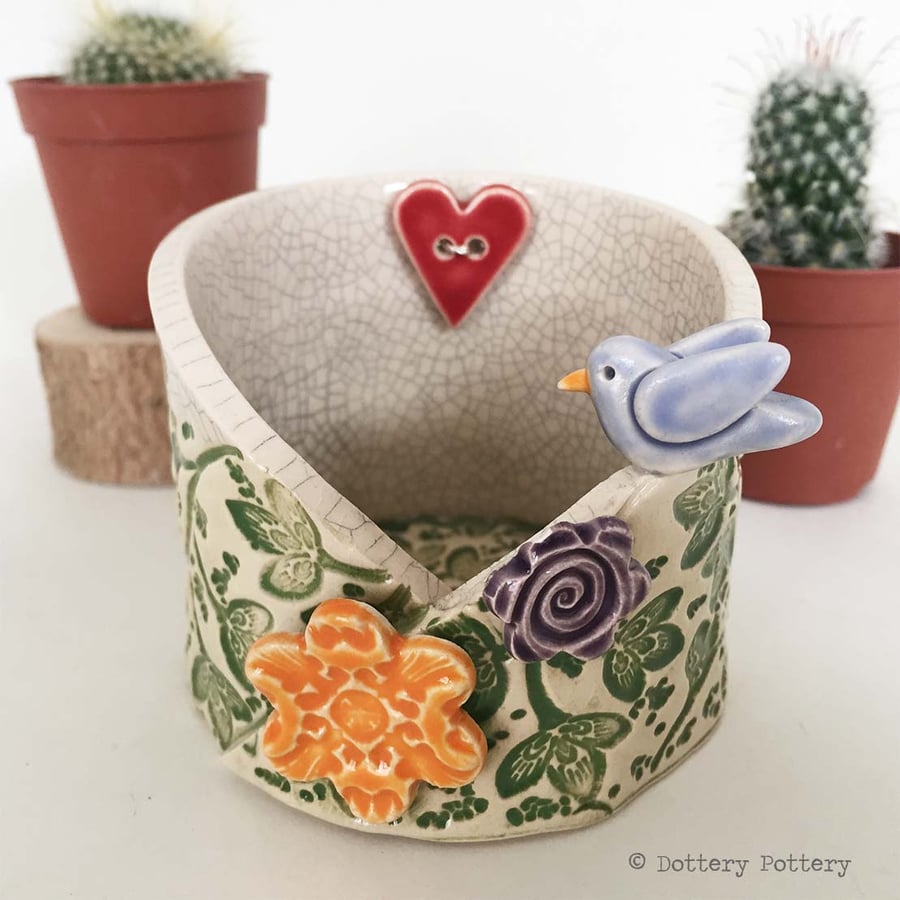 pottery bird woodland scene candle holder ceramic dish trinket pot pottery dish 