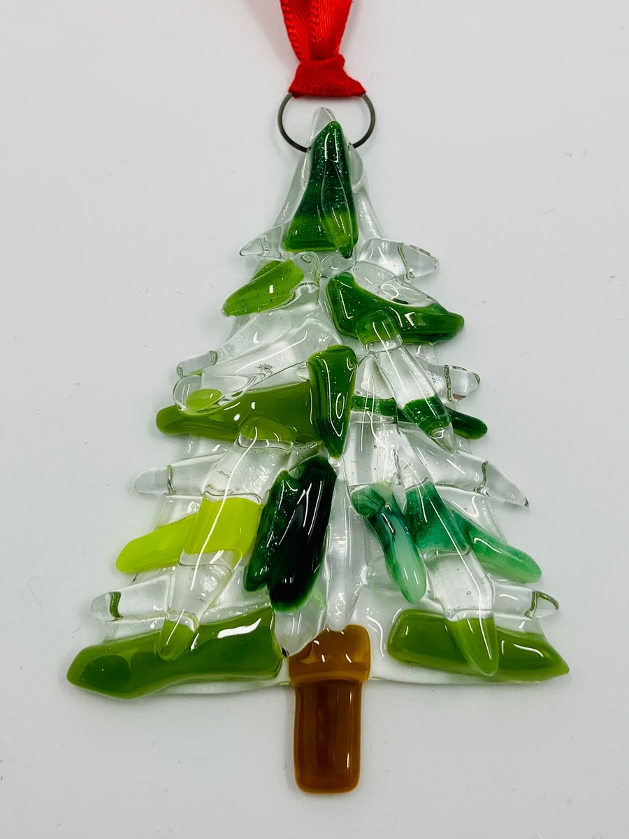 Handmade Fused Glass Xmas Tree Hanging Christmas Decoration 