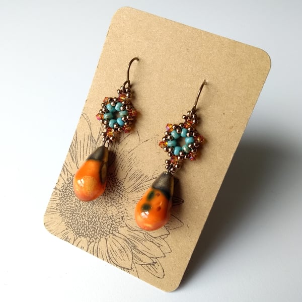 Orange and Turquoise Ceramic Beaded Drop Earrings