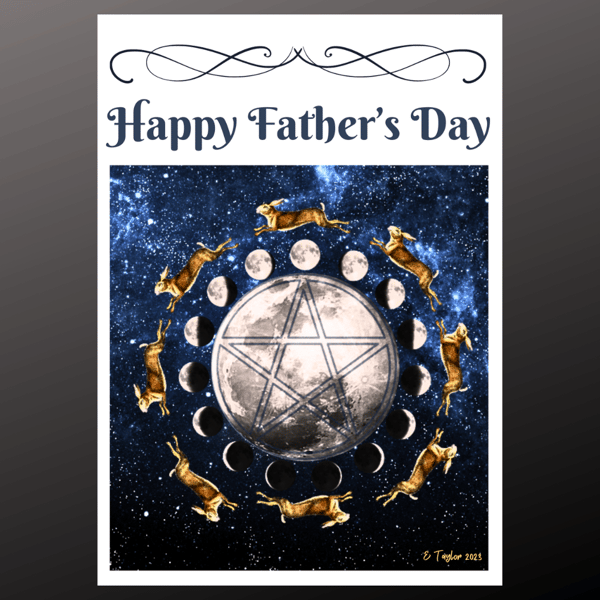 Happy Fathers Day Card Celestial Moon Galaxy Hare Rabbit Moon Phaze Fantasy Art 