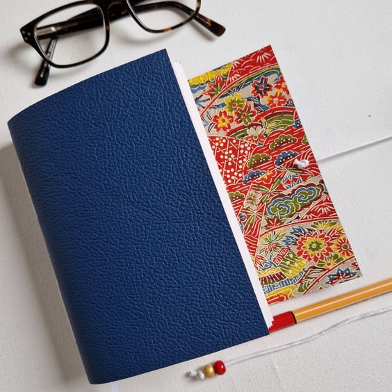 Blue Leather Garden Chiyogami Notebook, Journal or sketchbook, Hand Bound
