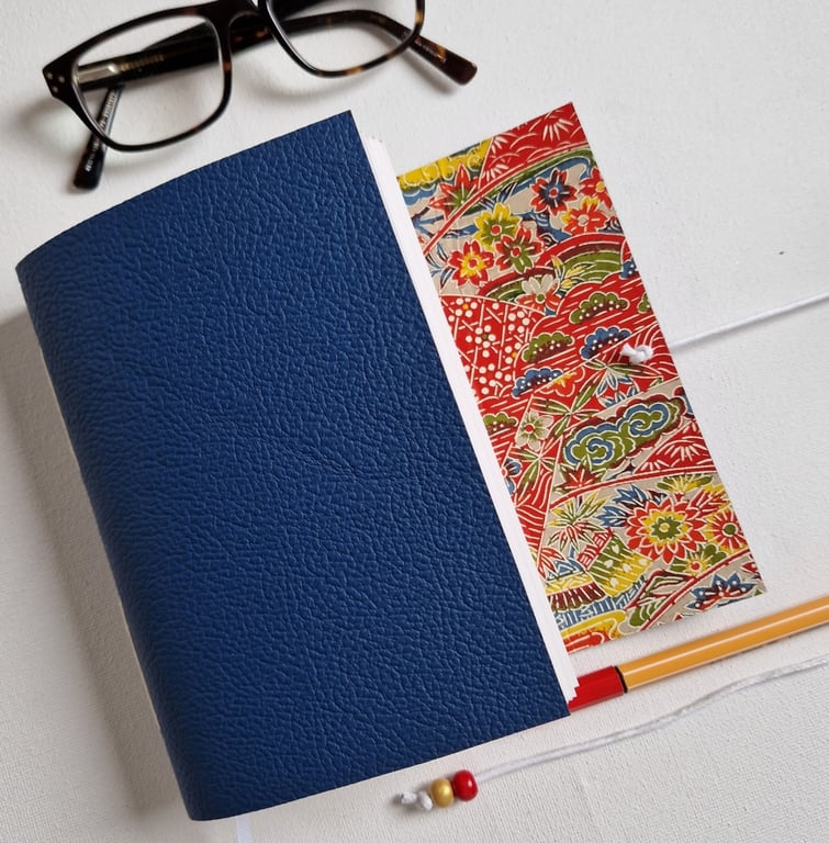 Blue Leather Garden Chiyogami Notebook, Journal or sketchbook, Hand Bound