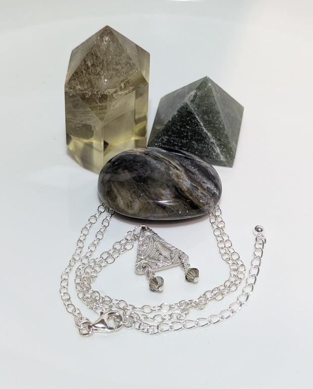 Fine Silver Triangle Pendant with Smokey Swarovski Crystals