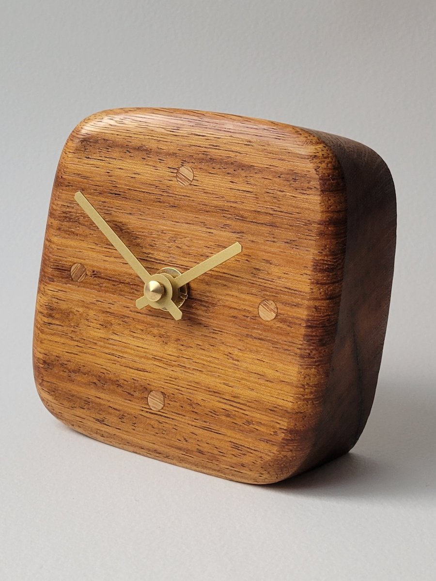 Desk Clock - Iroko (African Teak) Oak Dot Indicators Gold Hands