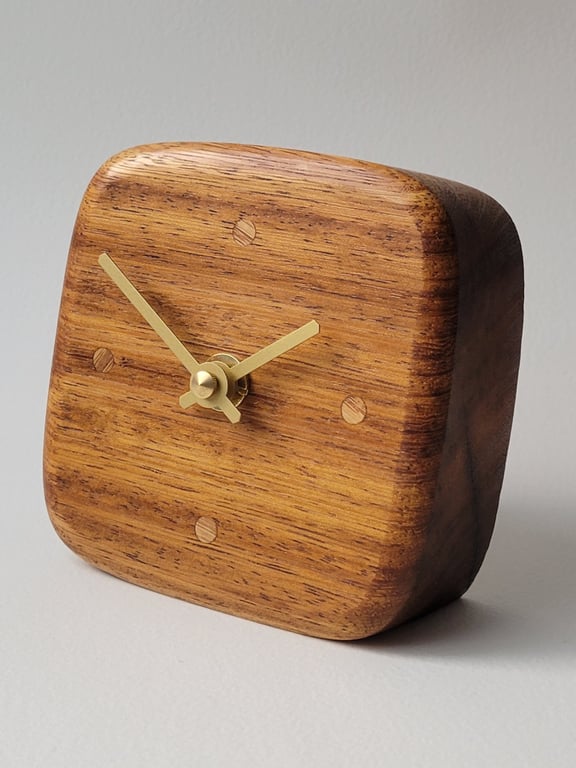 Desk Clock - Iroko (African Teak) Oak Dot Indicators Gold Hands