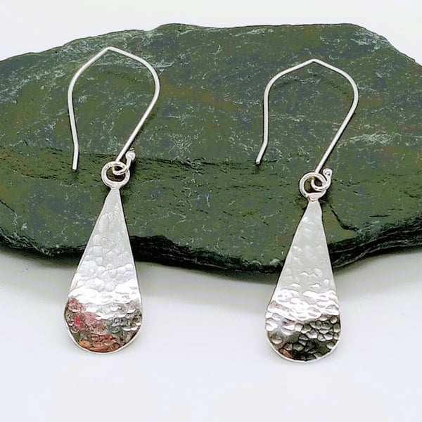 Long textured silver teardrop earrings Sonja