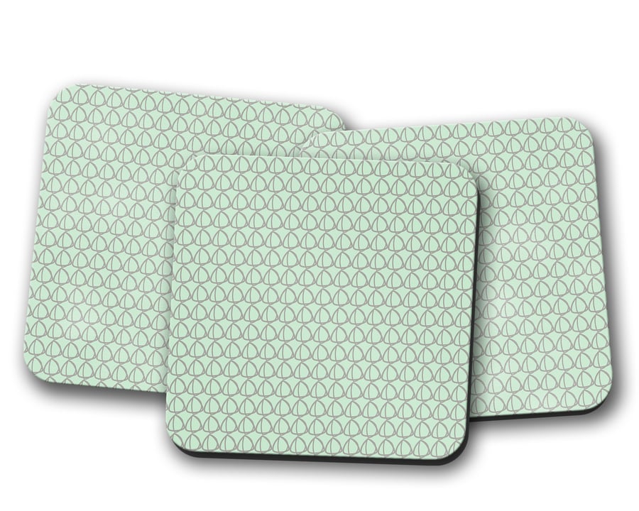 Set of 4 Mint Green with Grey Geometrical Design Coasters