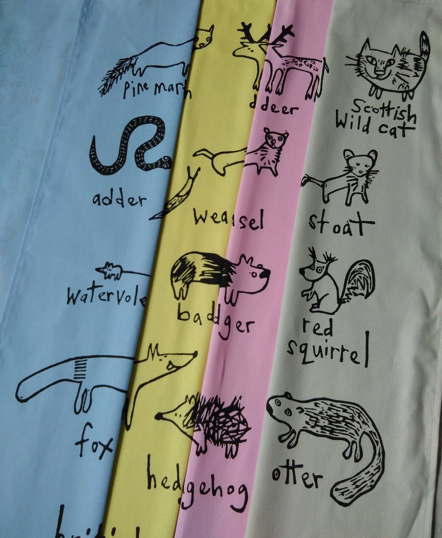 British Wildlife Tea Towel - pink and yellow