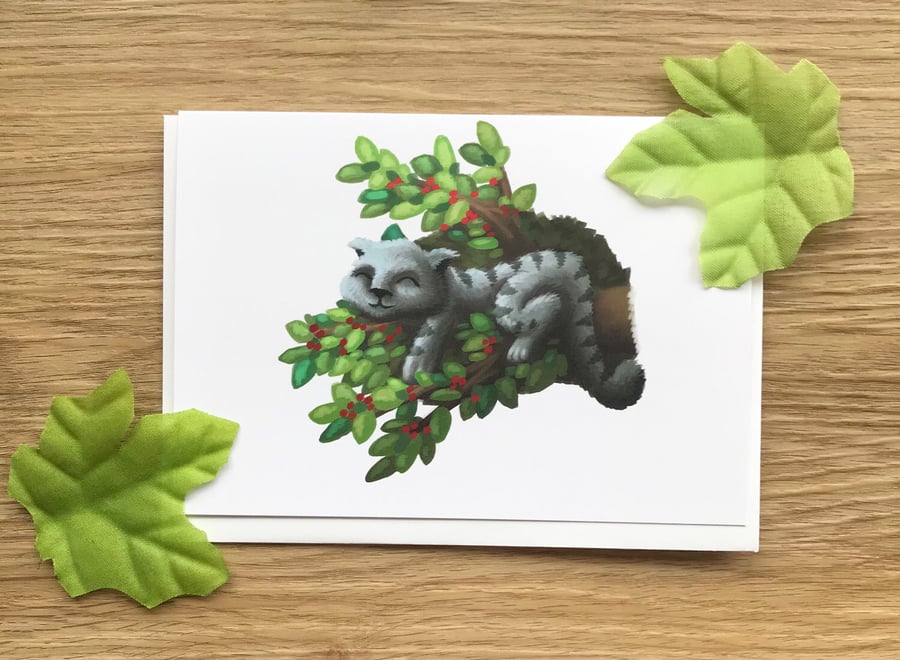'Summer' cat in a tree blank greeting card