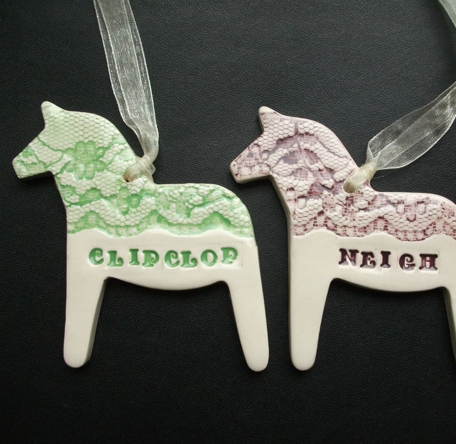 Set of  two ceramic horse decorations lace pony