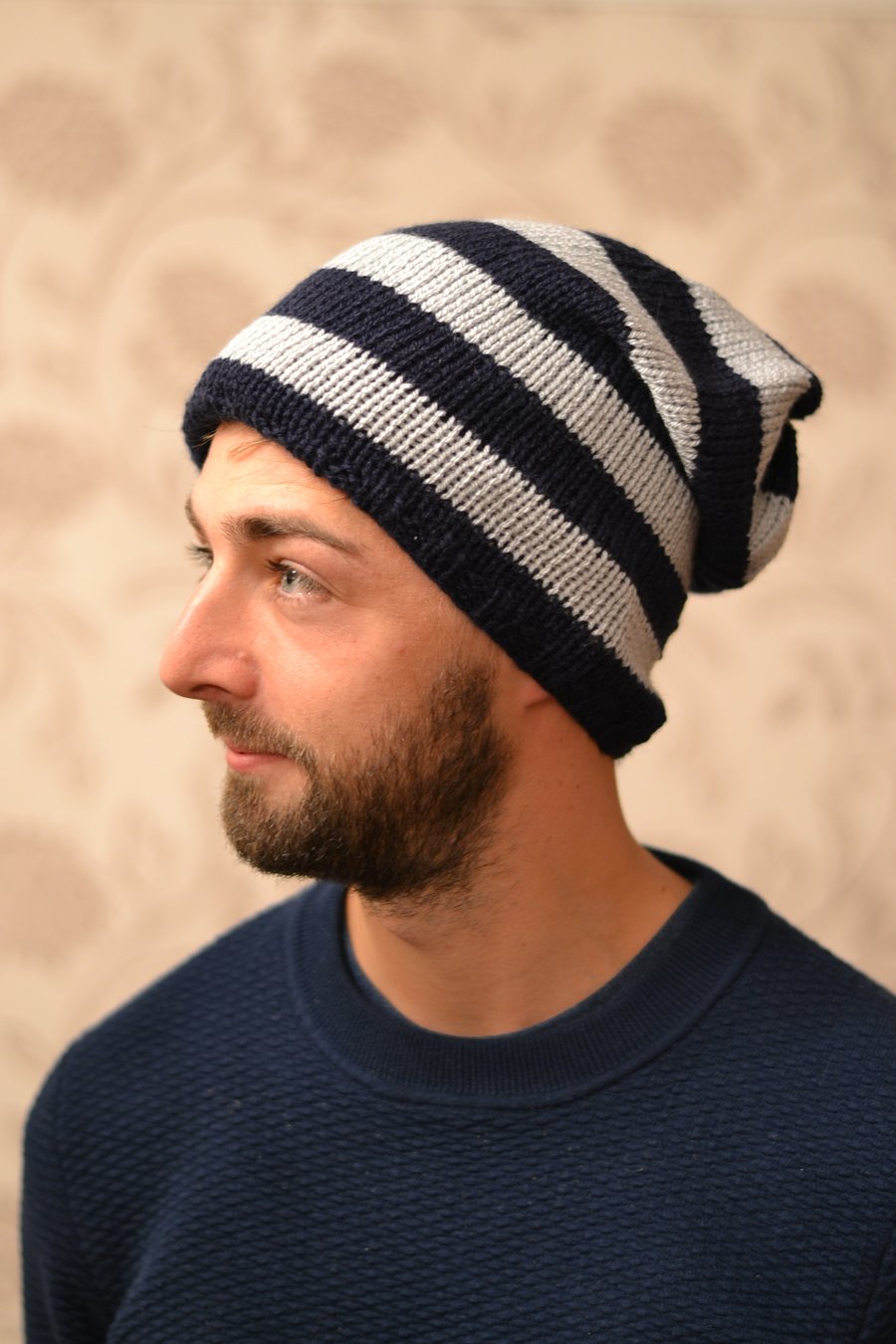 Hat  Unisex Knitted Slouchy Hat navy and Grey