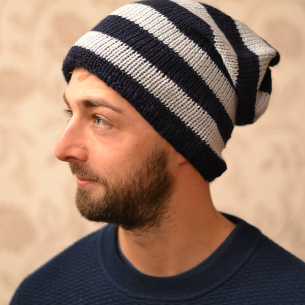Hat  Unisex Knitted Slouchy Hat navy and Grey