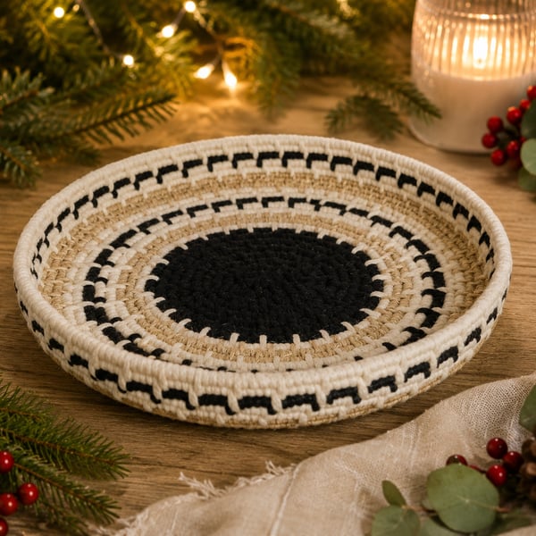 Monochrome Rope Basket Small Macrame Catchall Bowl Boho Storage Tray