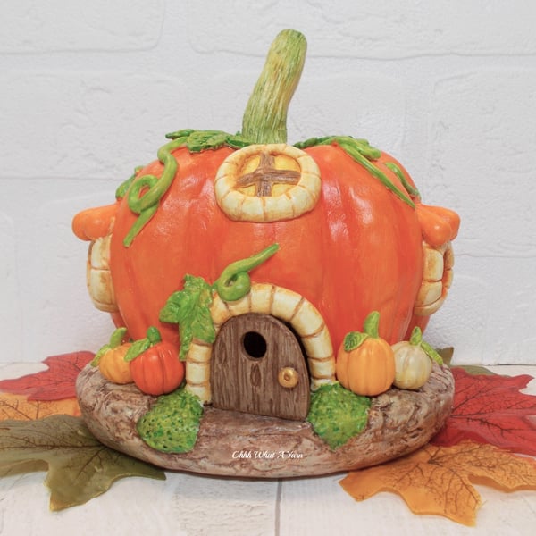 Pumpkin cottage clay toadstool fairy house. Fairy house. Pumpkin fairy house.