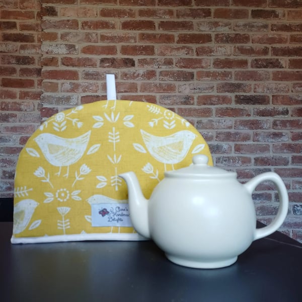 Tea Cosy in Ochre coloured Narvik Birds Fabric