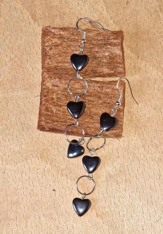 Hematite Heart & Silver Ring Drop Earrings - Black Stone Dangle Earrings 