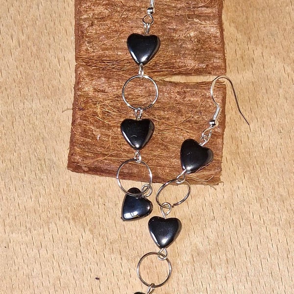 Hematite Heart & Silver Ring Drop Earrings - Black Stone Dangle Earrings 