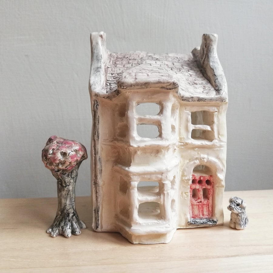 Handmade house in ceramic with dog or pet & tree shrub housewarming wedding gift