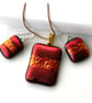 Dichroic Glass 116 Pendant Earring Set Red Sparkle Plated Chain