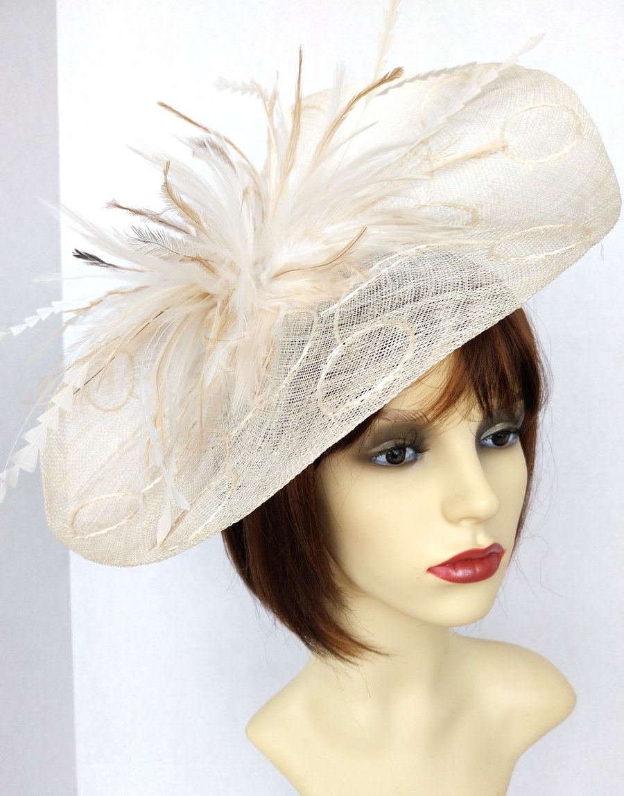 Emily cream embroidered sinamay hatinator with feather burst