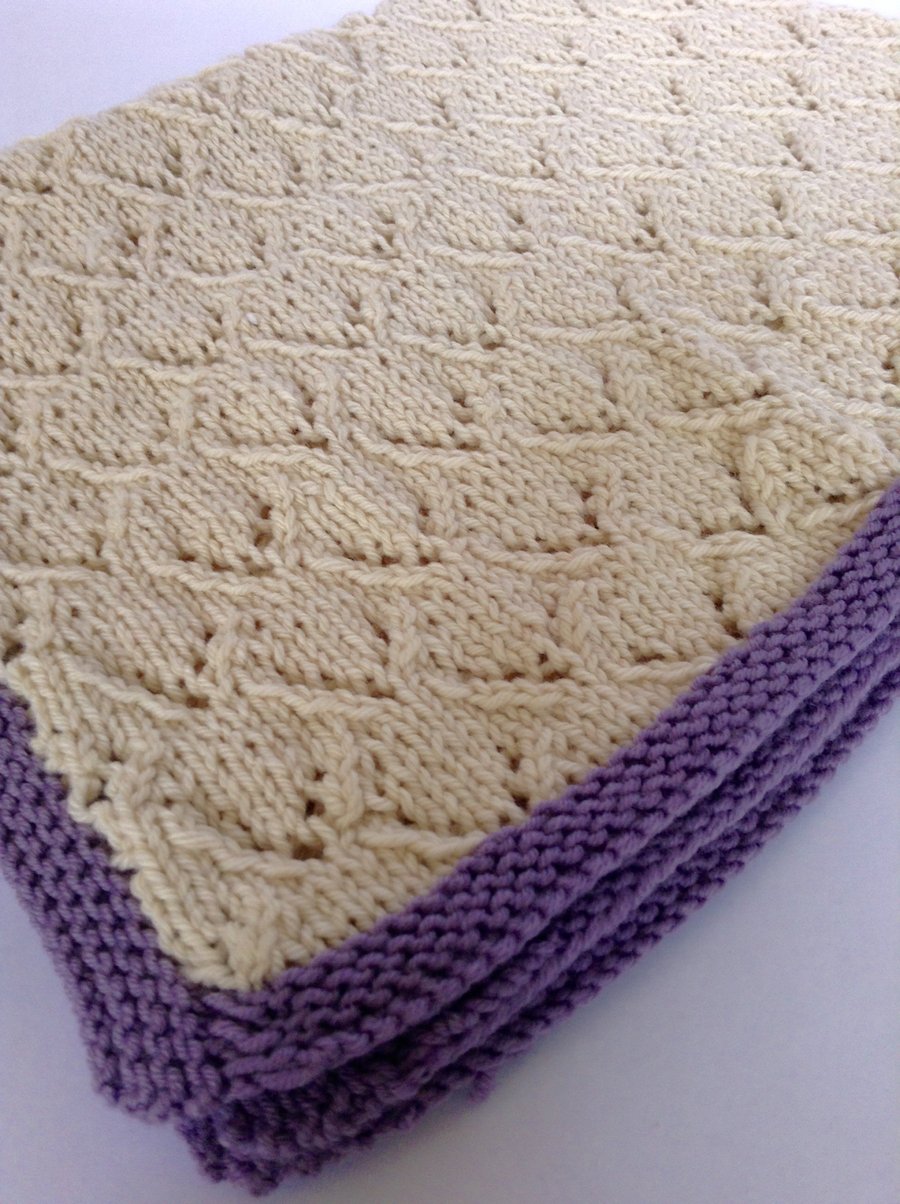 Lilac and cream lace pattern baby blanket