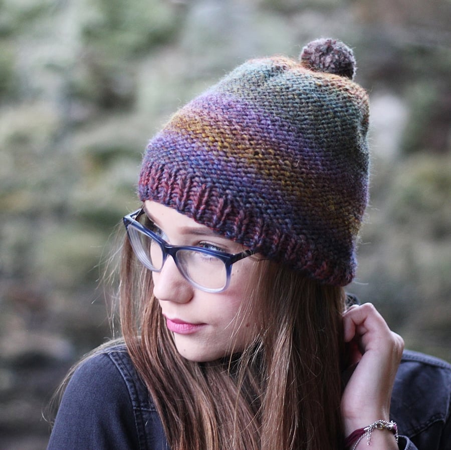 Knitted beanie hat multicolour with pom pom, womens gift guide