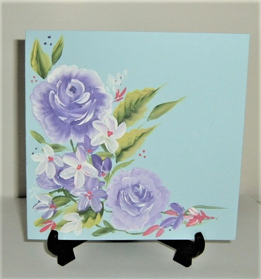 hand painted floral roses greetings card ( ref F 583)