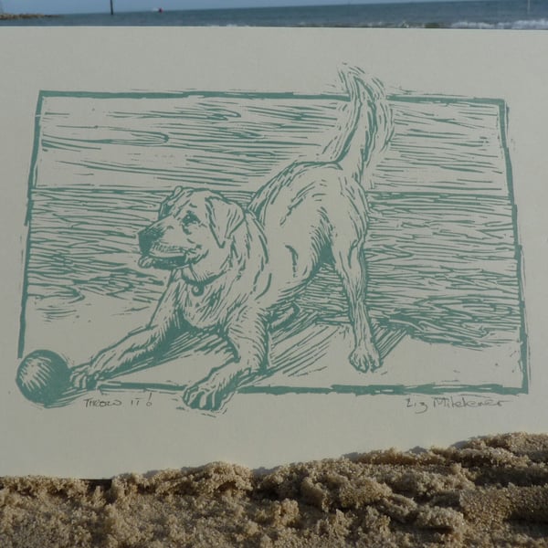 Original linocut card ' throw it ! ' hand printed & signed.
