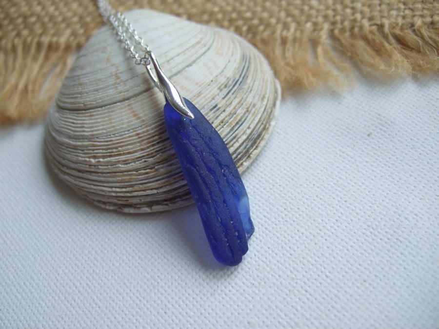 Scottis blue sea glass necklace, blue beach glass pendant, striations sea glass