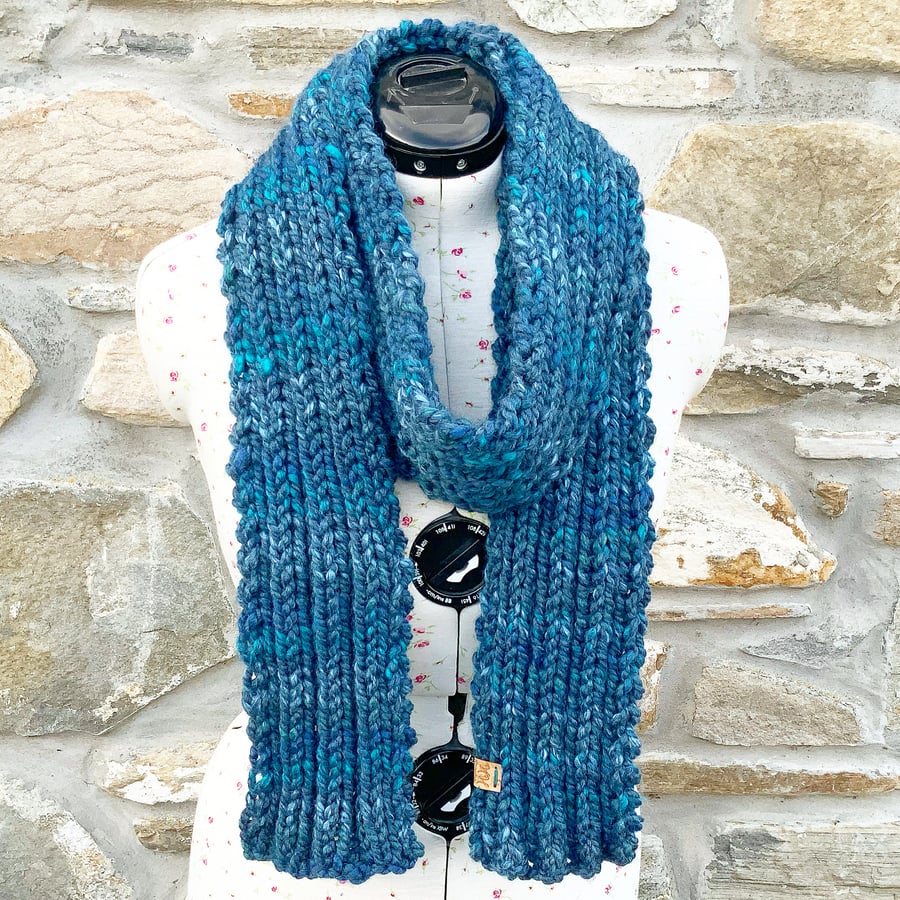 Chunky Scarf. Blue Scarf. Hand Knitted Scarf. Woolly Scarf. Woollen Scarf. 