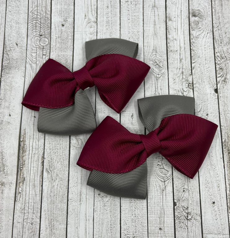 School Wine and Grey Diagonal Double with Bows on Clips (pair)