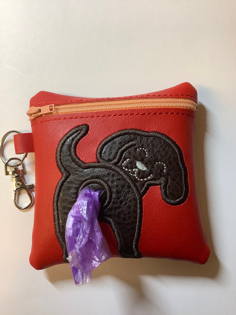 Attractive  Spaniel Embroidered Red faux leather dog poo bag ,dog walking,