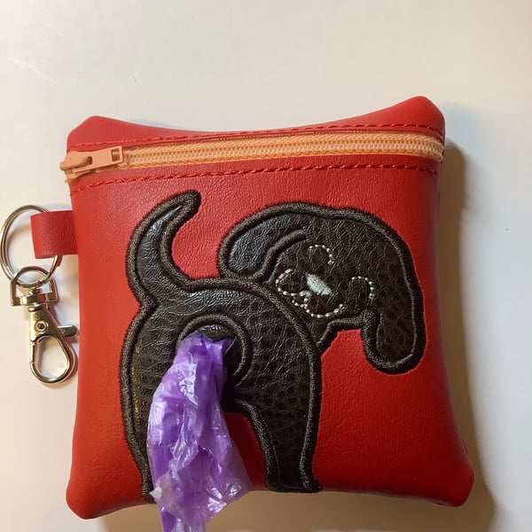 Attractive  Spaniel Embroidered Red faux leather dog poo bag ,dog walking,