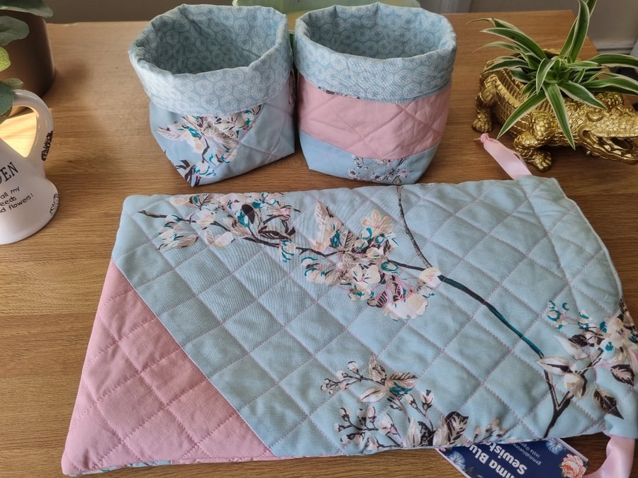 Quilted patchwork gift set HWB cover and mini basket duo.