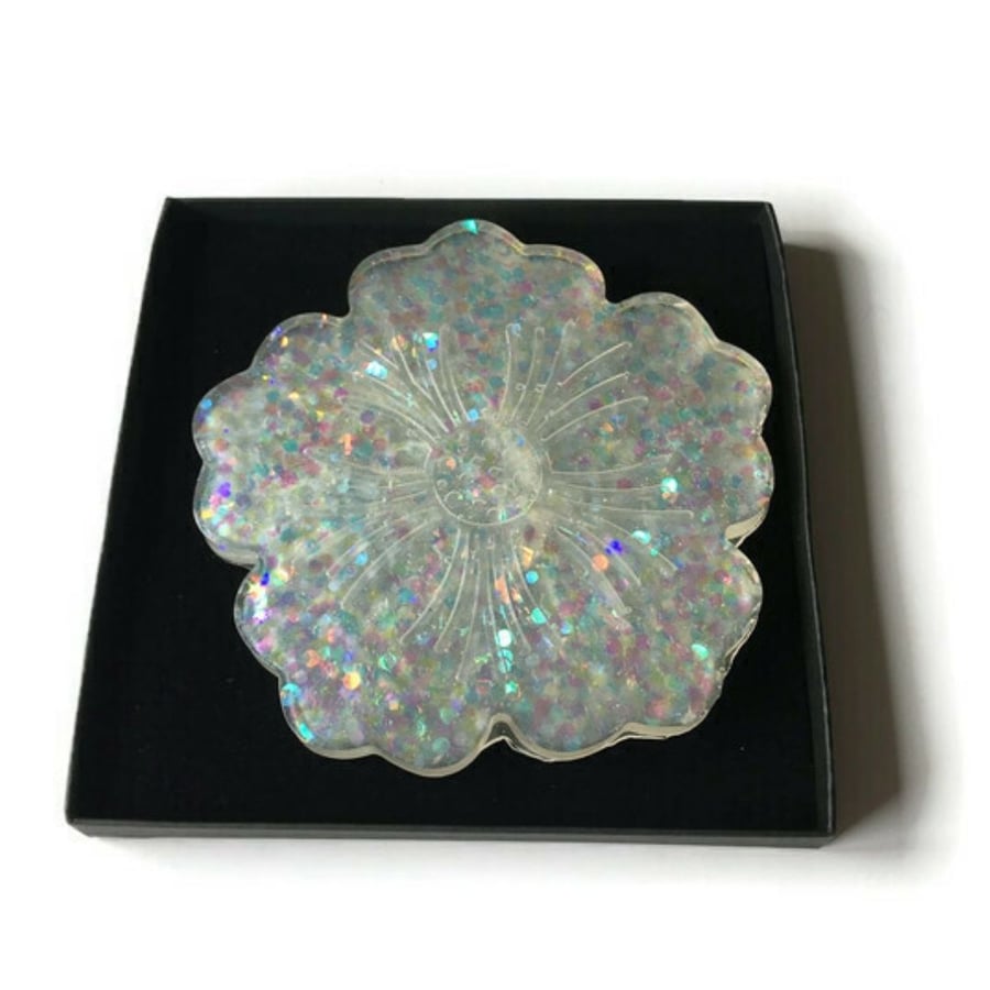White flower sparkly coasters choose set of 2 or 4 coasters.