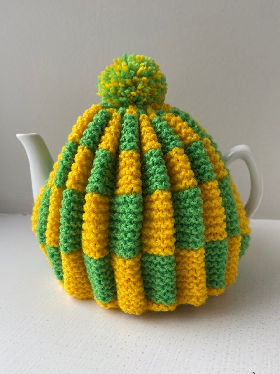 Traditional Handknitted Tea Cosy with Pompom in Green and Yellow