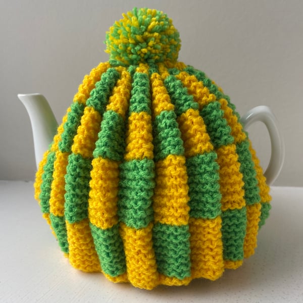 Traditional Handknitted Tea Cosy with Pompom in Green and Yellow