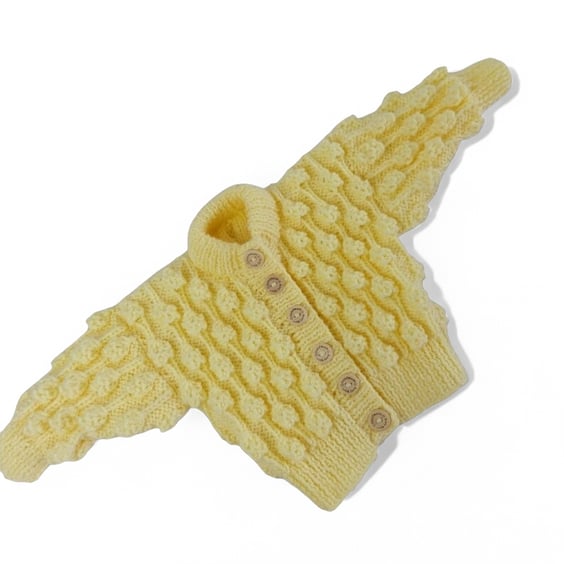 Hand Knitted Lemon Baby Cardigan 0 to 6 Months Bobble Knit Sweater 