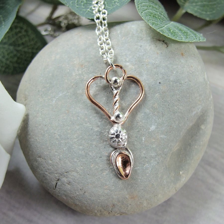 Welsh Love Spoon Necklace, Sterling Silver with Copper Accents Pendant